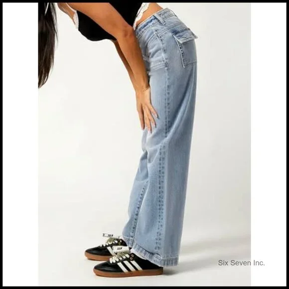 Baggy Wide Leg Jeans Y2K Vintage Boyfriend Denim Pants Mid Rise Soft Stretch - Picture 5 of 5